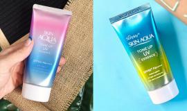 Review kem chống nắng Skin Aqua màu xanh và hồng
