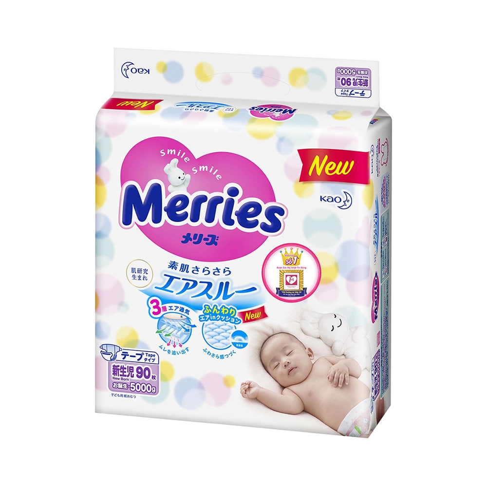 Bỉm - Tã dán Merries size NB 90 miếng (Cho bé sơ sinh - 5kg)