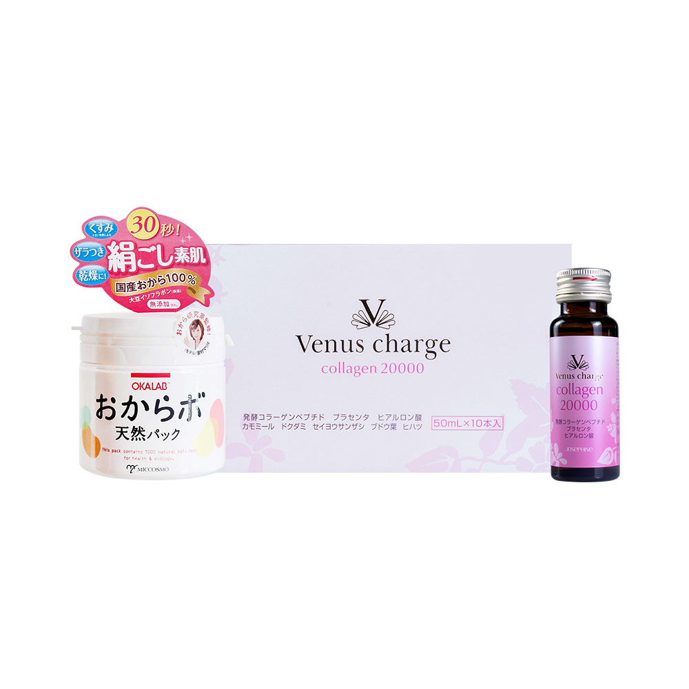 Bộ đôi nước uống Collagen Venus Charge 20000mg và mặt nạ váng đậu nành White Label Okalab 150g