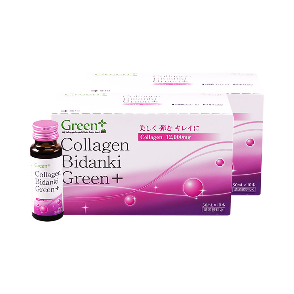 Combo 2 hộp nước uống Collagen Bidanki Green+ 12.000mg (Hộp 10 chai x 50ml)