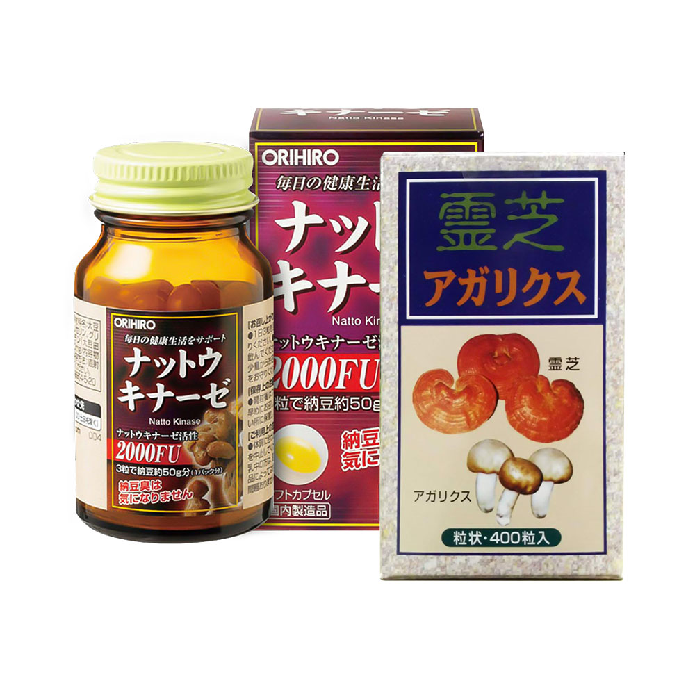 Bộ đôi chăm sóc sức khỏe nấm linh chi Agaricus Taruho Sangyo & Orihiro Nattokinase 2000FU