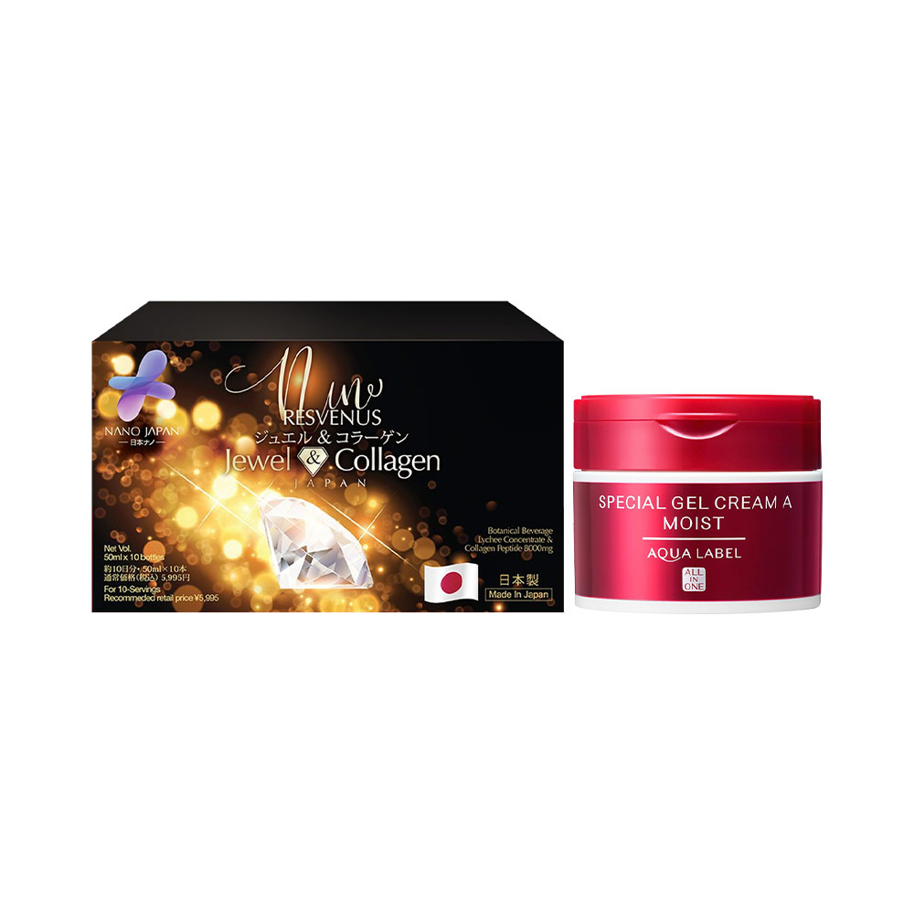 Bộ đôi chăm sóc da kem dưỡng Shiseido Aqualabel & Collagen Nano Japan Resvenus Jewel Anti-UV
