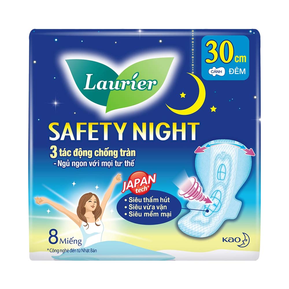 Băng vệ sinh ban đêm lưới siêu mềm Laurier Safety Night 30cm 8 miếng