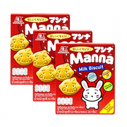 Combo 3 hộp bánh quy sữa Morinaga Manna Milk Biscuit 52g (Dành cho bé từ 6–36 tháng tuổi)