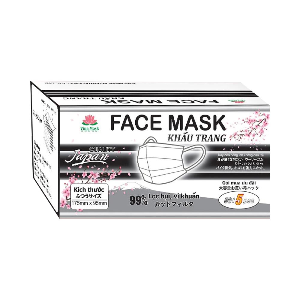 Hộp khẩu trang than hoạt tính lọc bụi và vi khuẩn 4 lớp Vina Mask 55 cái