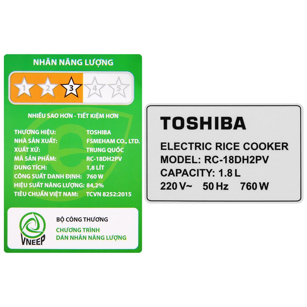 Nồi cơm điện tử Toshiba RC-18DH2PV(W) 1.8 Lít