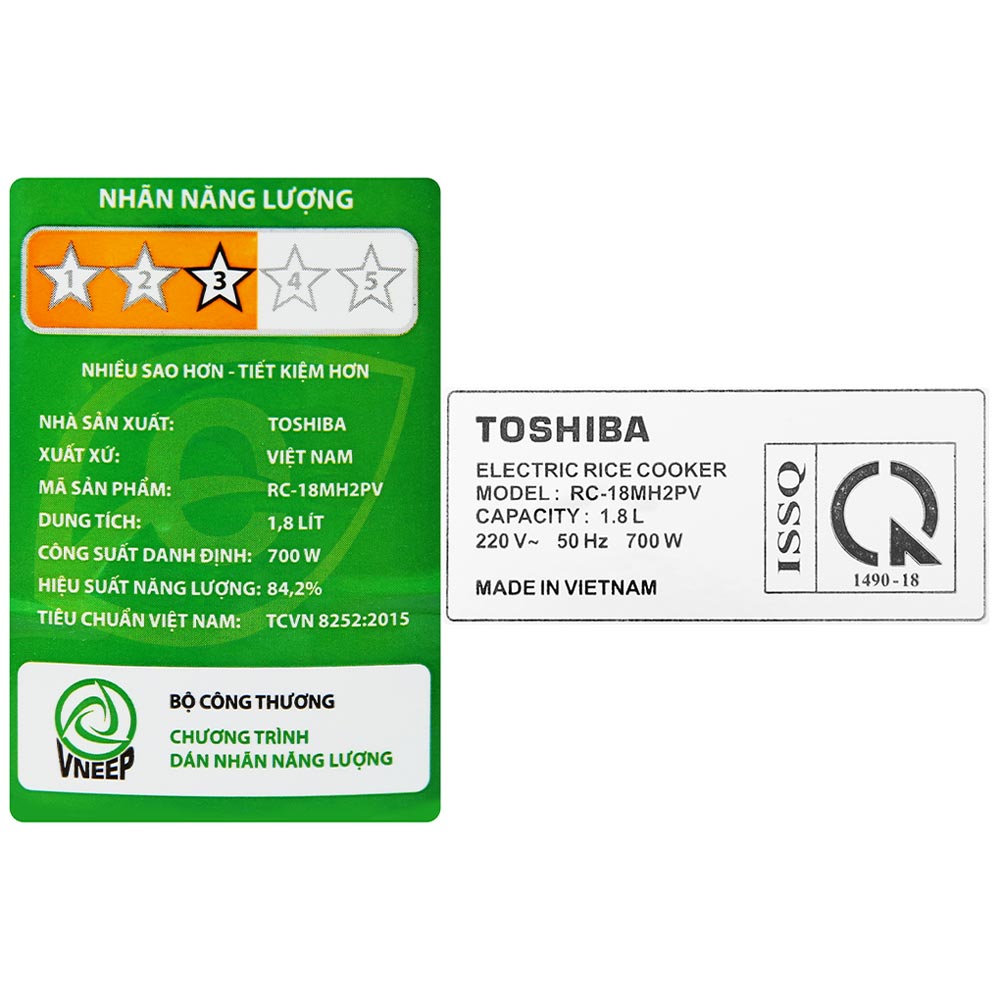Nồi cơm điện nắp rời Toshiba RC-18MH2PV(F) 1.8 Lít