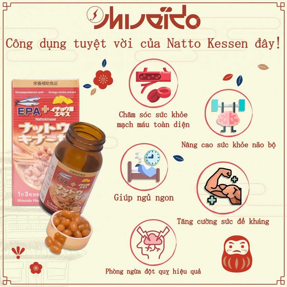 Viên uống hỗ trợ phòng ngừa tai biến Natto Kessen Shiseido Pharma 90 viên