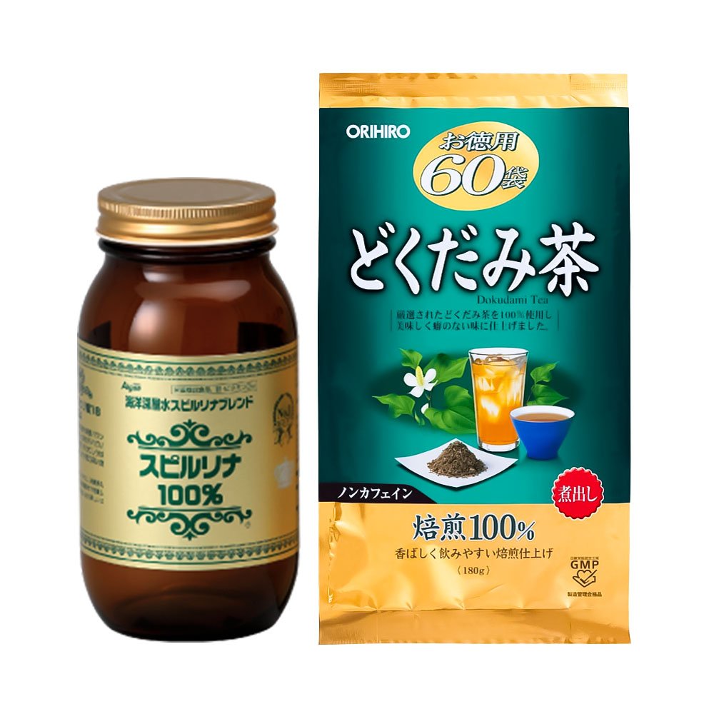 Bộ đôi sức khỏe Tảo xoắn Spirulina tem đỏ và trà diếp cá thải độc Orihiro 60 gói