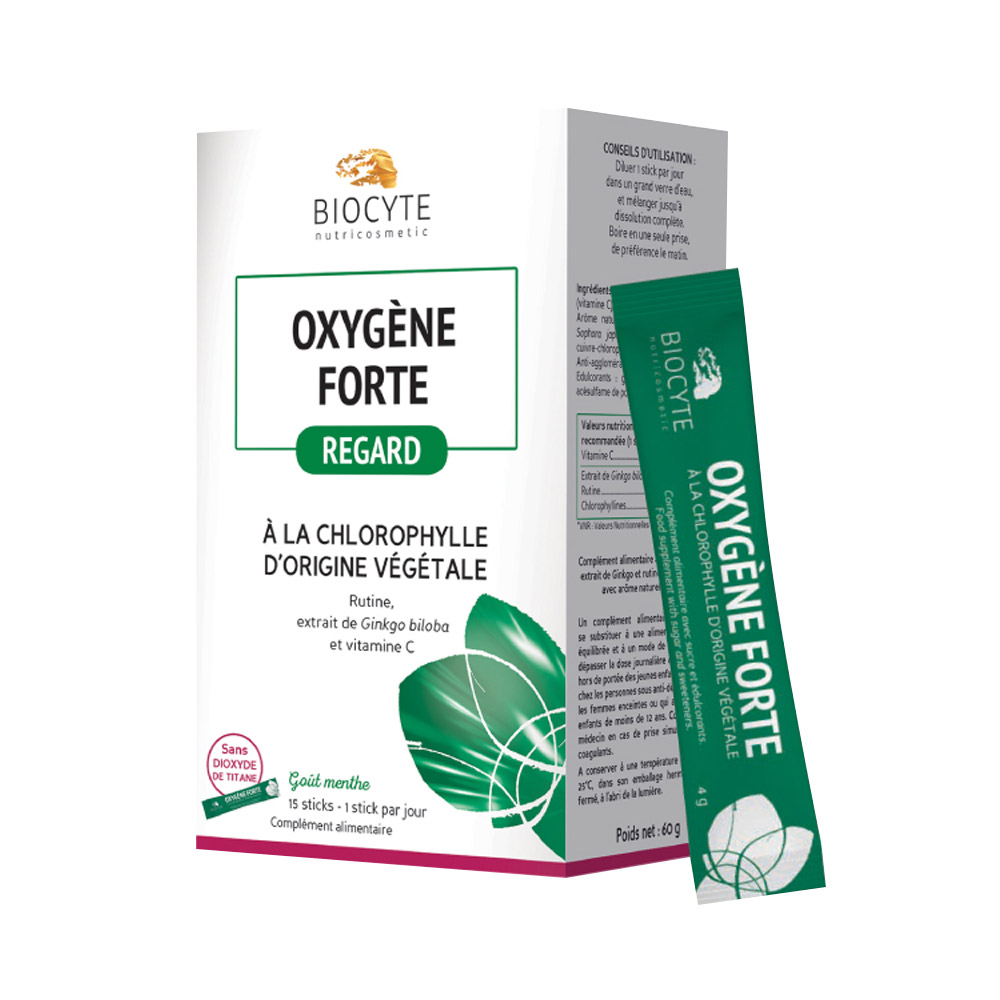 Bột diệp lục chống lão hóa, giảm thâm quầng mắt Biocyte Oxygene Forte Regard (Hộp 15 gói x 4g)